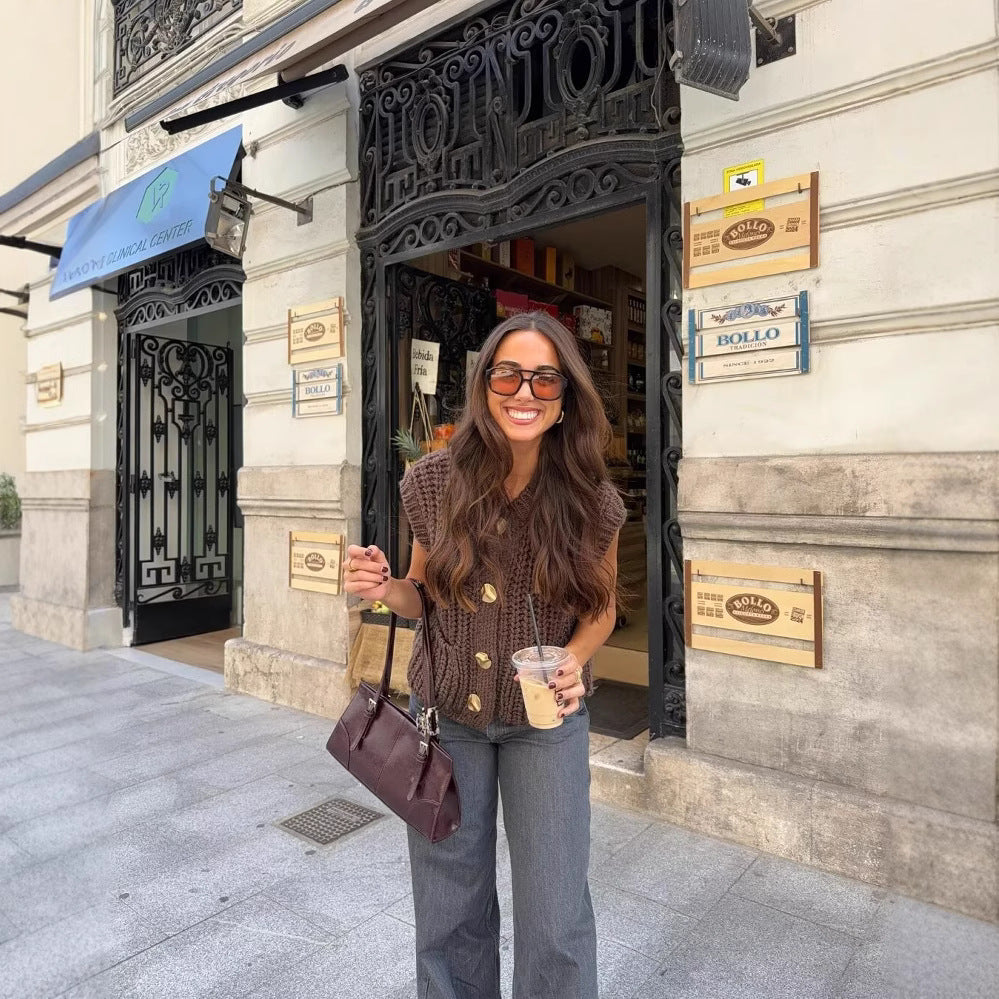 Gilet Boutonné Épais Style Rétro-Chic