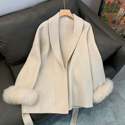 Manteau Croisé avec Poignets en Fausse Fourrure