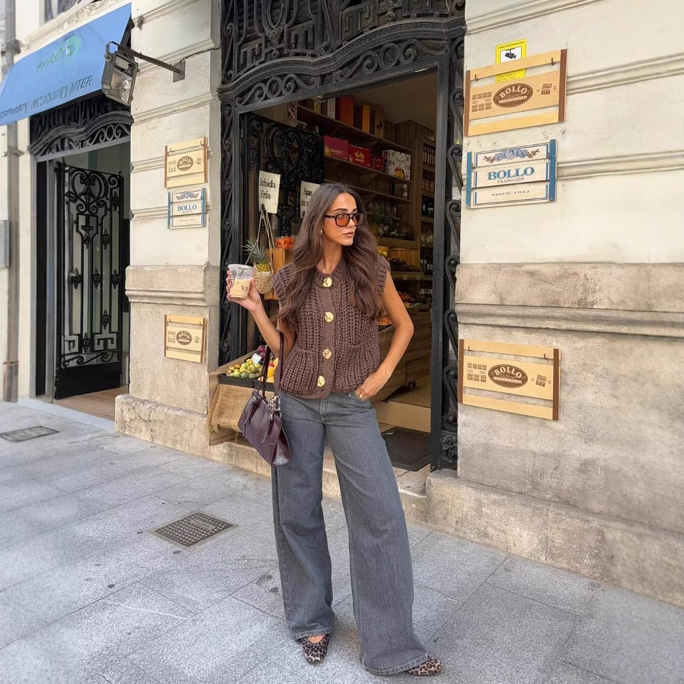 Gilet Boutonné Épais Style Rétro-Chic