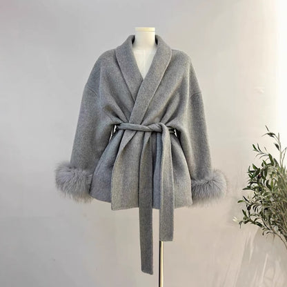 Manteau Croisé avec Poignets en Fausse Fourrure