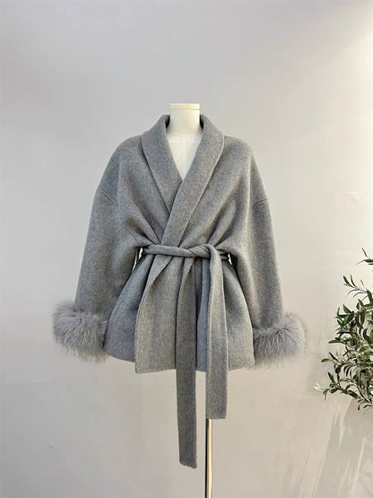 Manteau Croisé avec Poignets en Fausse Fourrure