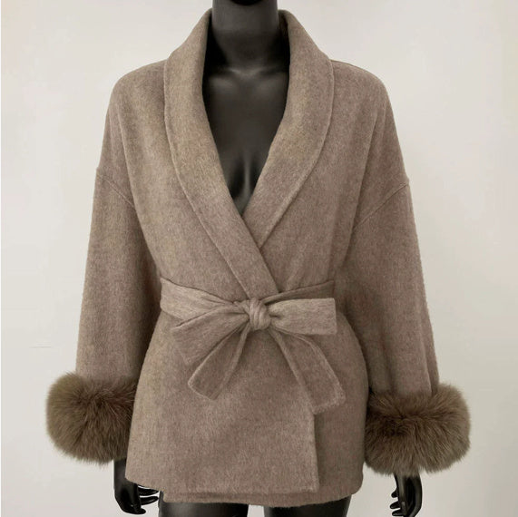 Manteau Croisé avec Poignets en Fausse Fourrure