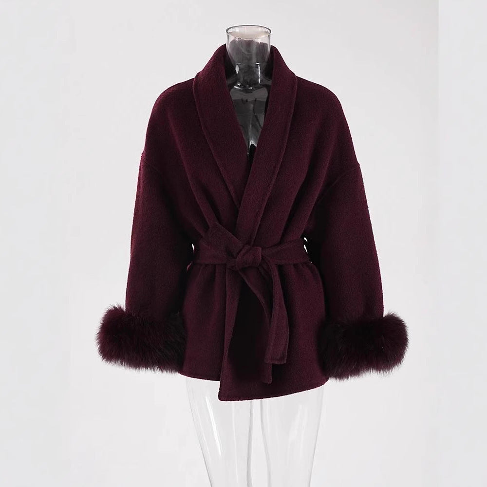 Manteau Croisé avec Poignets en Fausse Fourrure